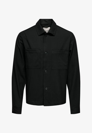 Veste noire à boutons, fabriquée en tissu mélangé coton, présentant une coupe droite, deux poches avant et un design de col classique.