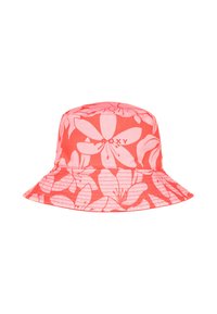 Ružový klobúk s kvetinovým vzorom, vyrobený z jemnej látky, so širokým okrajom a prešitým lemovaním. Na prednej strane je zobrazené logo "Roxy".