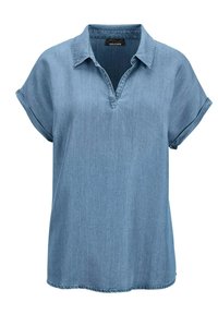 Helles blaues Denim-Hemd mit kurzen Ärmeln, spitzem Kragen und V-Ausschnitt. Weiche Textur mit umgeschlagenen Ärmeln und abgerundetem Saum.