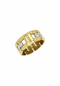 Anello color oro con design a catena intrecciata, con accenti in argento. Incisa la scritta "JOOP!" su un blocco centrale. Finitura liscia e lucida.