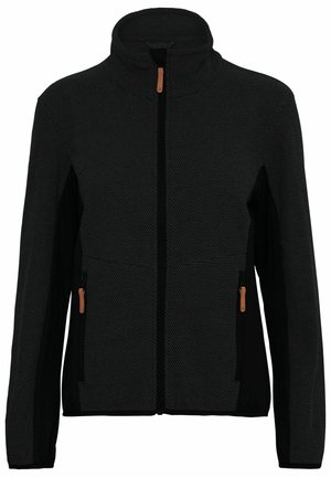 Zwarte zip-up jas met een gestructureerd patroon, voorzien van twee zijzakken met bruine accenten, hoge kraag en lange mouwen.