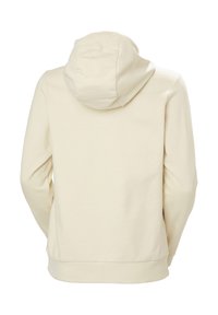 Sudadera crema con bolsillo canguro y capucha con cordones. Textura suave, puños y dobladillo acanalados, diseño simple, vista trasera mostrada.