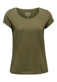 T-shirt en coton bio vert olive avec des manches courtes retroussées, un col arrondi et une coupe décontractée. Texture douce avec un léger motif chiné.