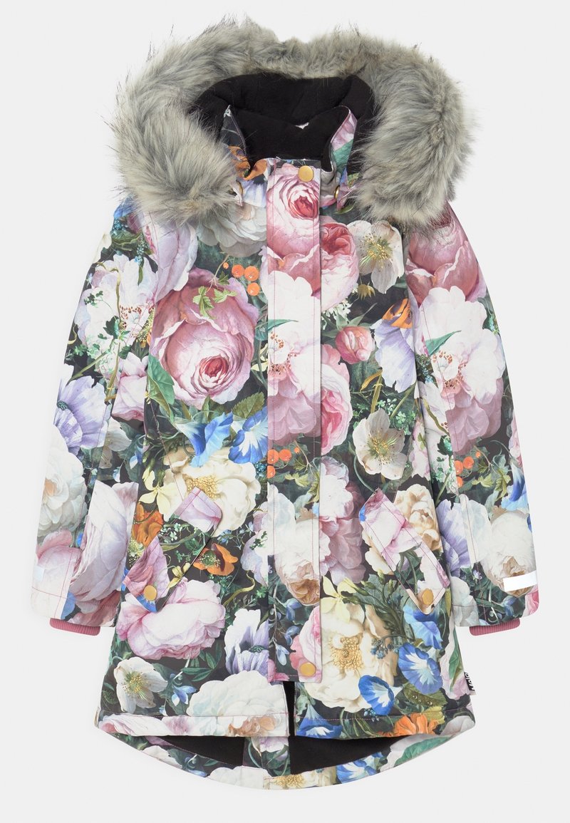 Parka d'hiver pour filles à imprimé floral avec bordure de capuche en fausse fourrure, poches avant et détails à boutons-pression sur fond blanc.