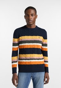 Maglione in maglia a treccia di colore blu navy con strisce orizzontali in giallo, arancione, rosa, grigio e bianco. Collo a giro e polsini a coste.