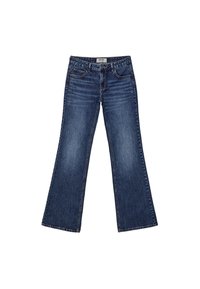 Dark blue flared jeans made from denim, featuring a mid-rise waist, five-pocket design, subtle fading, and clean hem finish.