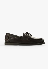 Schwarze Lederbootsschuh mit strukturiertem Finish, abgerundeter Spitze, Schnürdesign, kontrastierenden Nähten und Gummisohle. Markenlogo ist an der Seite sichtbar.