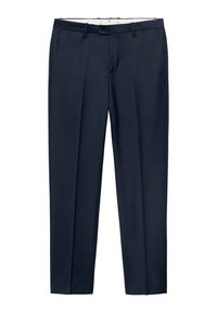 Navy blue tailored trousers made of smooth fabric, featuring a flat front, belt loops, and a single-button closure.