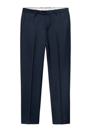 Navy blue tailored trousers made of smooth fabric, featuring a flat front, belt loops, and a single-button closure.