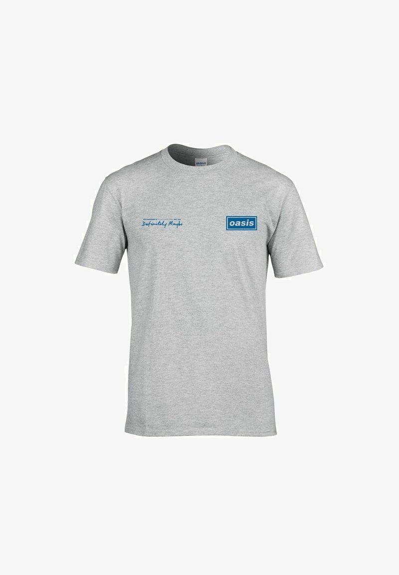 Graues Baumwoll-T-Shirt mit kurzen Ärmeln und Rundhalsausschnitt, mit blauer Schrift "oasis" und "Definitely Maybe" auf der Vorderseite bedruckt.