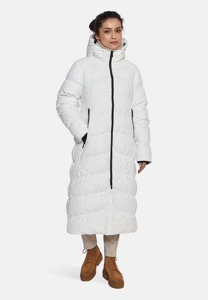 Witte lange gewatteerde jas met capuchon, voorzien van een zwarte rits aan de voorzijde, zijzakken, een gewatteerd patroon en een aansluitende pasvorm rond de taille.