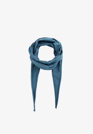 Sinine puuvillane sall drapeeritud disainiga, millel on pikad, kitsenevad otsad. Pehme tekstuur ja sile viimistlus, sobib mitmekülgseks stiliseerimiseks.