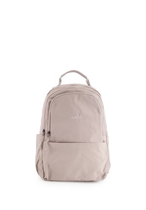 Beige Venezia rugzak met bovenhandvat, voorvak met rits en hoofdvak, afgebeeld tegen een witte achtergrond.