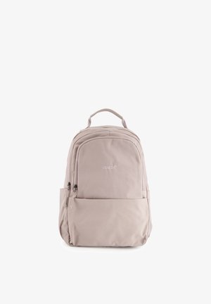 Beiger Venezia-Rucksack mit oberem Griff, vorderer Reißverschlusstasche und Hauptfach, präsentiert vor weißem Hintergrund.