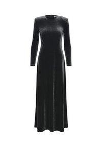 Long black velvet dress with a round neckline and long sleeves. The fabric has a smooth texture and a slightly reflective surface.