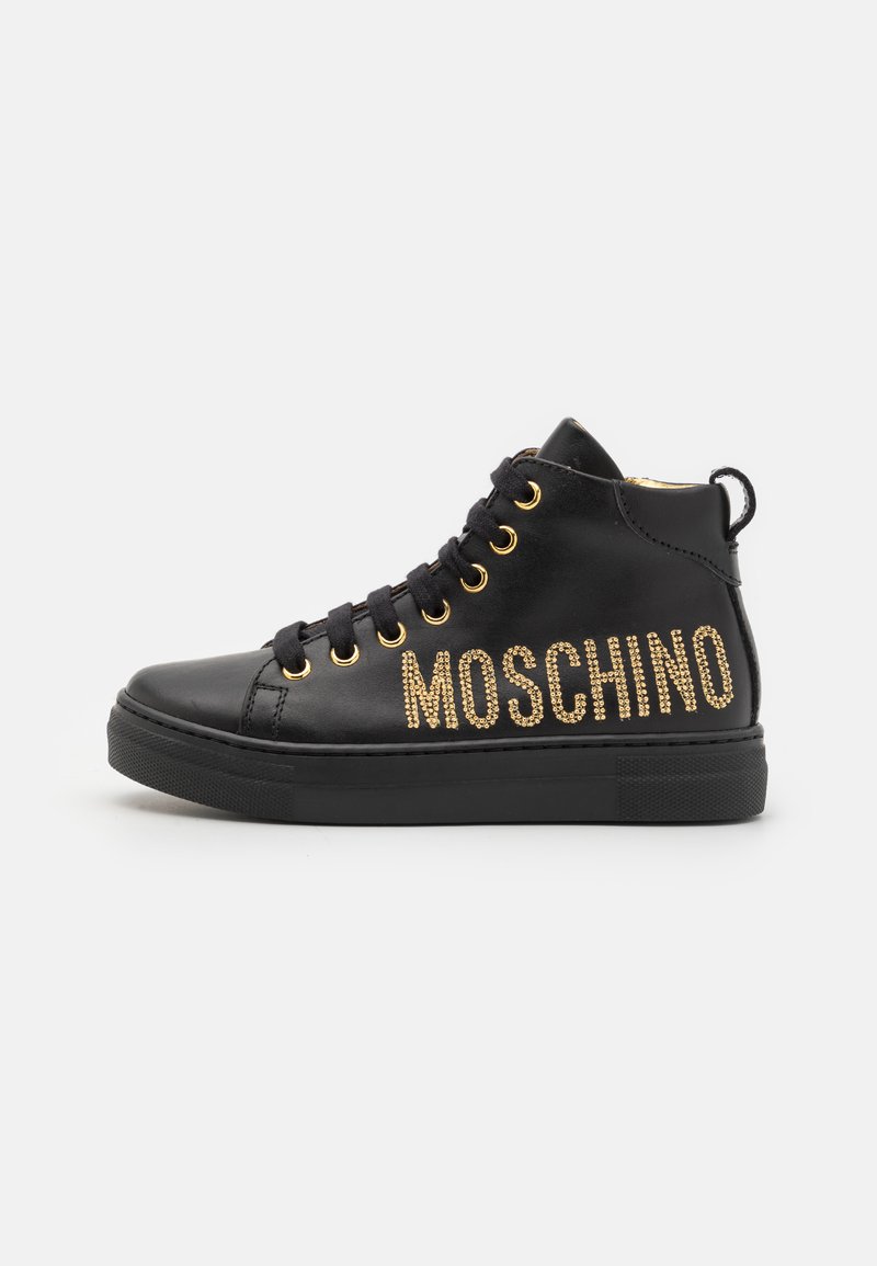 High-top black leather sneakers with gold-tone eyelets and "MOSCHINO" spelled out in rhinestones on the side. Textured rubber sole.