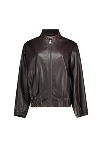 Donkerbruin faux leren jack met een voorkant met ritssluiting, elastische manchetten en tailleband, hoge kraag en zijzakken.