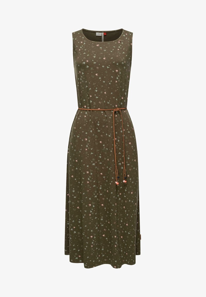 Ärmlös klänning i olivgrön med blommönster i ljusa färger, midjeband med pärlor och rundad halsringning.