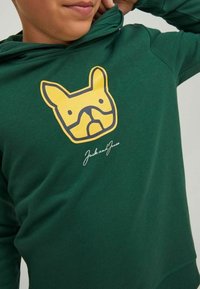 Groene hoodie met een gele Franse bulldog graphic met een zwarte rand, en witte tekst "Jack and Jones" dicht bij de onderkant. Zachte stoftextuur.