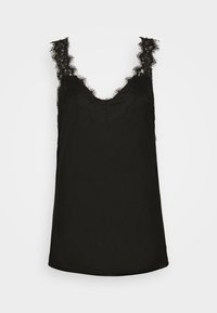 Camiseta de tirantes negra con detalles de encaje, que presenta un escote en V y bordes delicados. Confeccionada en una tela suave, tiene un ajuste holgado y un diseño sin mangas.