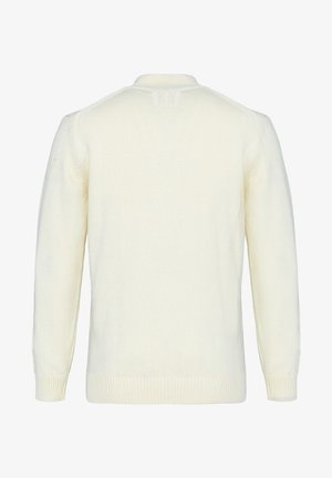 Kremowy sweter z długim rękawem, wykonany z dzianiny, z prążkowanymi mankietami, dołem i dekoltem, pokazany od tyłu na jednolitym tle.