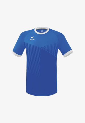 Blauses Sportshirt mit kurzen Ärmeln, ausgestattet mit einem weißen Kragen und Bündchen. Die Designs umfassen diagonale Streifen in verschiedenen Blautönen.