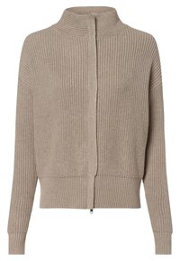 Beige stickad kofta med ståkrage, framsida med dragkedja, ribbade ärmslut och nederkant, samt ett strukturerat stickmönster genom hela plagget.