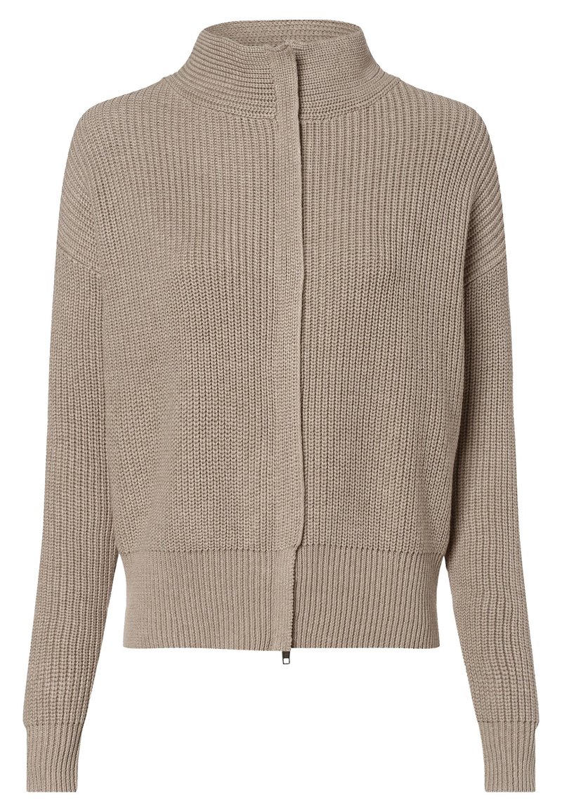 Beige stickad kofta med ståkrage, framsida med dragkedja, ribbade ärmslut och nederkant, samt ett strukturerat stickmönster genom hela plagget.