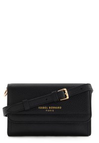 Black leather crossbody bag with a textured finish, gold buckle accent, flap closure, and embossed brand name in gold lettering.
