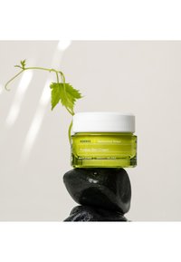 Korres Poreless Skin Cream in einem runden Glasbehälter mit einem lebendigen grünen Farbton, weißen Schraubdeckel und weißem Text, der die aktiven Inhaltsstoffe beschreibt.