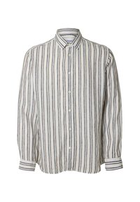 Camicia con bottoni realizzata in tessuto leggero, caratterizzata da strisce verticali bianche, grigie e marroni. Maniche lunghe con polsini abbottonati.