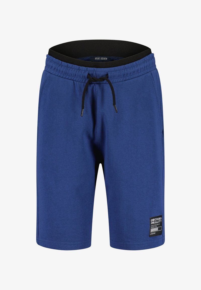 Blauwe knielange shorts met elastische tailleband, zwart trekkoord, steekzakken aan de zijkant en een klein "Decoded Reality"-label op het linkerbeen.