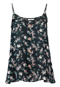Camisole noir à imprimé floral avec un col à volants, des bretelles réglables et des boutons sur le devant. Fabriqué en tissu léger et lisse.