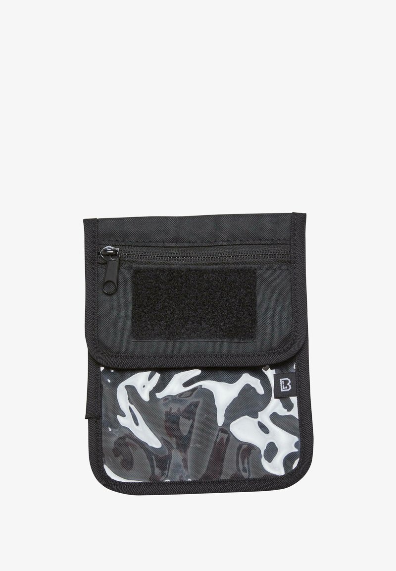 Bolsa de tela negra con una sección transparente que muestra un patrón blanco y negro. Cuenta con cierre de cremallera y velcro.