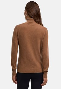 Brauner, gestrickter Pullover mit hohem Kragen und gerippten Bündchen. Weiche Textur mit schmaler Silhouette, von hinten betrachtet.