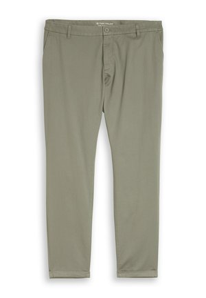 Light olive-green men's chinos with front pockets, belt loops, button closure, and rolled cuffs, laid flat on white background.