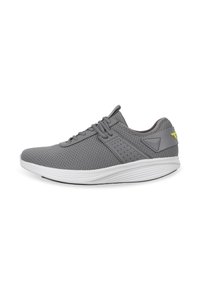 Gray athletic shoe featuring a mesh upper, lace-up design, textured side panels, and a white sole with a black accent.