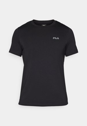 Schwarzes kurzärmliges T-Shirt aus Baumwolle, mit einem gerippten Rundhalsausschnitt und einem kleinen, grauen FILA-Logo auf der linken Brust.