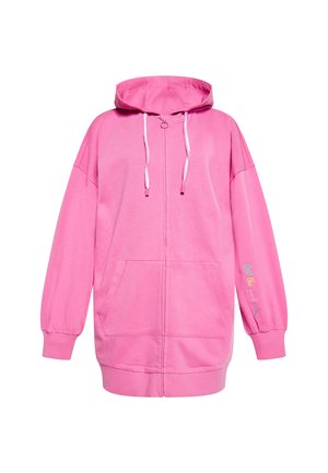 Roze hoodie met ritssluiting, voorkruiszakken en elastische manchetten. Gekenmerkt door de geborduurde tekst "feel the good vibes" in meerdere kleuren.