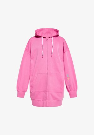 Felpa con cappuccio rosa e chiusura con zip, tasche frontali e polsini elasticizzati. Presenta la scritta "sentire le buone vibrazioni" ricamata in testo multicolore.