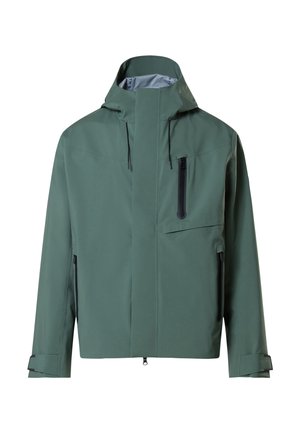 Veste imperméable verte à capuche avec fermeture éclair frontale, poche poitrine et fermetures à sangle aux poignets.