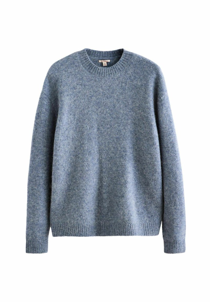 Helles blaues Strickpullover, runder Ausschnitt, lange Ärmel, weiche Textur, gerippte Bündchen und Saum, kuscheliges Material. Keine sichtbaren Muster oder Logos.