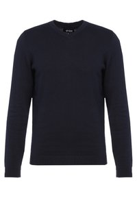 Pull bleu marine avec un col en V, manches longues et ourlet et poignets côtelés ; texture tricotée, fabriqué en matière douce.