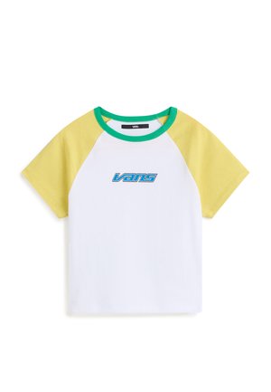 Korte mouwen T-shirt in wit, met gele raglanmouwen en een groene kraag. Voorzien van een blauw "Vans"-logo op de voorkant. Gemaakt van een katoenmengsel.