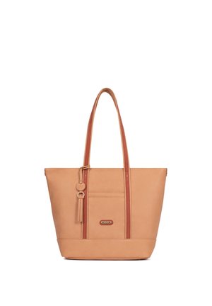 Borsa tote in pelle color cuoio con due manici lunghi, tasca frontale e portachiavi decorativo con nappine su sfondo bianco uniforme.