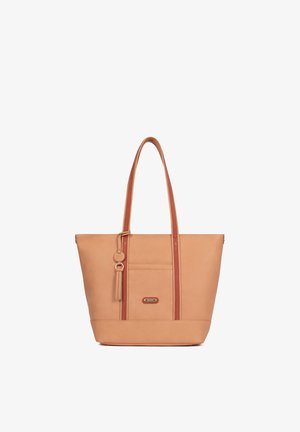 Borsa tote in pelle color cuoio con due manici lunghi, tasca frontale e portachiavi decorativo con nappine su sfondo bianco uniforme.