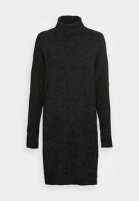 Mörkgrå stickad polokragsklänning med långa ärmar och ribbade muddarna. Tyget verkar mjukt med en lätt strukturerad yta.