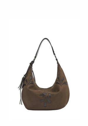 Bruine suède schoudertas met donkere leren bloemuitgesneden ontwerpen en een zwarte verstelbare band met kwastdetail.