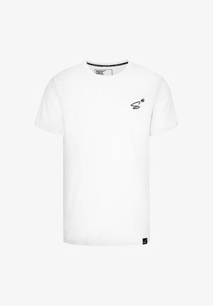 Witte katoenen t-shirt met korte mouwen, ronde halslijn en een zwart logodetail op de linkerborst. Bevat een label aan de binnenkant van de kraag.