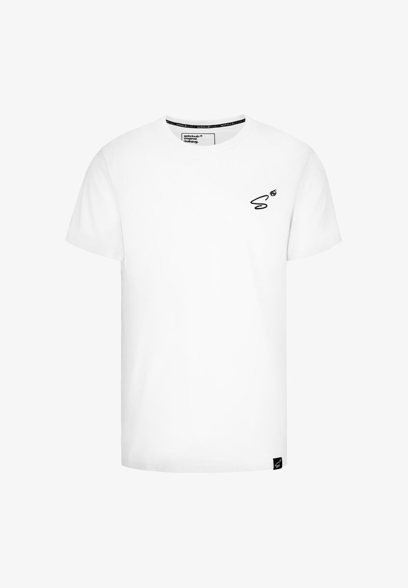 Weißes Baumwoll-T-Shirt mit kurzen Ärmeln, rundem Ausschnitt und einem schwarzen Logo-Detail auf der linken Brust. Mit einem Etikett im Kragen innen.